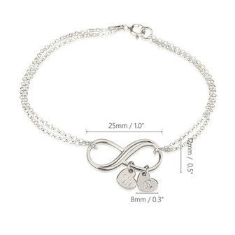 Armband &#039;infinity&#039; met 2 hartjes bedels sterling zilver 925, 24K goud of ros&eacute; plated