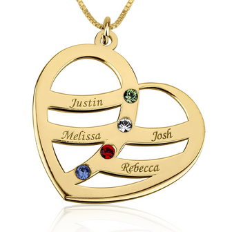 3 namen - Naamketting hart met 3 namen en geboortestenen Zilver, 24k Gold of Ros&eacute; Plated