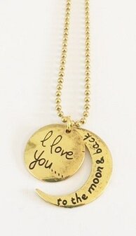 Bedel met RVS ketting (80cm) I love you to the moon and back goudkleurig