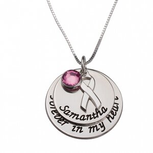 Naamketting &#039;disc&#039; Pink Ribbon sterling zilver 925 met naam of woord