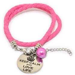 Pinkiezz leren munt armband roze &#039;Keep calm and love life&#039;