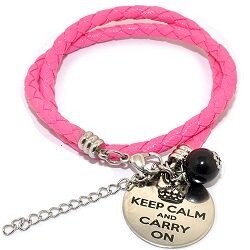 Pinkiezz leren munt armband roze &#039;Keep calm and carry on&#039;