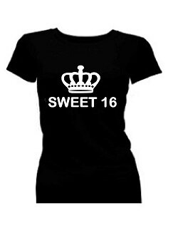 T-shirt dames korte mouw bedrukt: sweet 16 met kroon