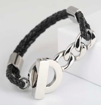 RVS met leren as-armband  