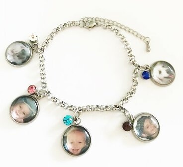 RVS bedelarmband met 5 foto bedels en 5 RVS strass bedels