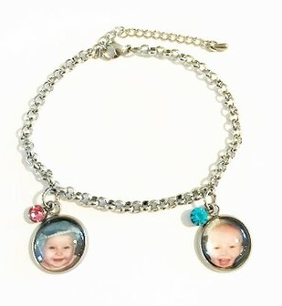 RVS bedelarmband met 2 foto bedels en 2 RVS strass bedels