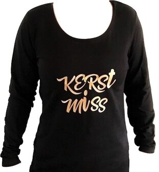 T-shirt zwart dames lange mouw bedrukt: KERST MISS