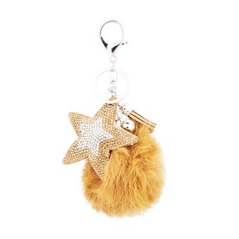 Tassen/sleutelhanger furry bont licht bruin met strass ster