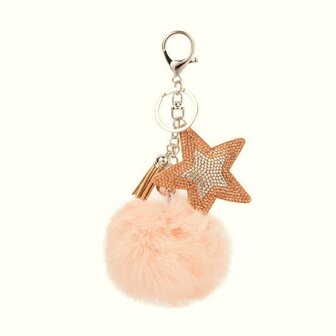 Tassen/sleutelhanger furry bont peach met strass ster