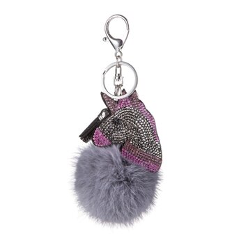 Tassen/sleutelhanger furry bont grijs met strass eenhoorn