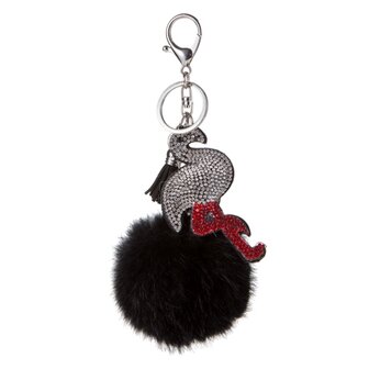 Tassen/sleutelhanger furry bont zwart met strass flamingo