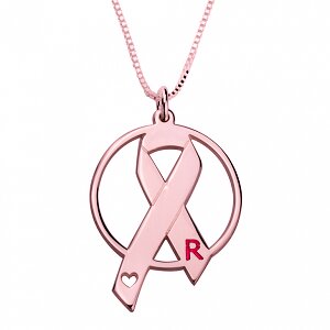 Naamketting 'circle' Pink Ribbon 24K rosé-gold plated met letter