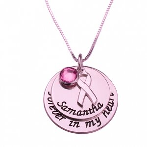 Naamketting 'disc' Pink Ribbon 24K rosé-gold plated met naam of woord