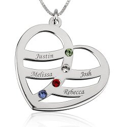 Naamketting hart sterling zilver 925 met 4 namen en geboortestenen