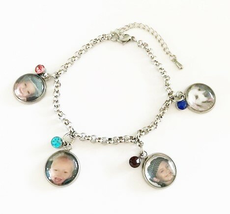 RVS bedelarmband met 4 foto bedels en 4 RVS strass bedels