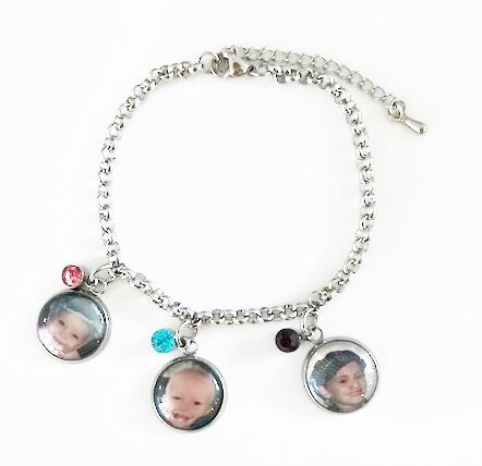 RVS bedelarmband met 3 foto bedels en 3 RVS strass bedels