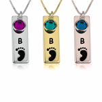 Naamketting 'bar' met voetje met letter en geboortesteen Zilver, 24k Gold of Rosé Plated