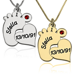 Naamketting moeder - Hart met voetje met naam, geboortedatum en geboortesteen Zilver, 24k Gold of Rosé Plated