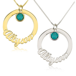 Naamketting cirkel met 1 naam en geboortesteen Zilver, 24k Gold of Rosé Plated