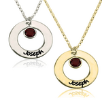 Naamketting cirkel met 1 naam en geboortesteen Zilver, 24k Gold of Rosé Plated