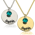 Naamketting- Disc met 1 naam en geboortesteen Zilver, 24k Gold of Rosé Plated